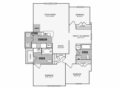 A floor plan of a house with a living room, two bedrooms, a bathroom, and an office/playroom.